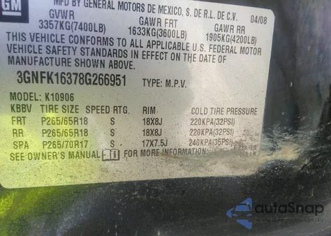 2008 Chevrolet Suburban 1500 Lt z USA, uszkodzony, nr VIN 3GNFK16378G266951